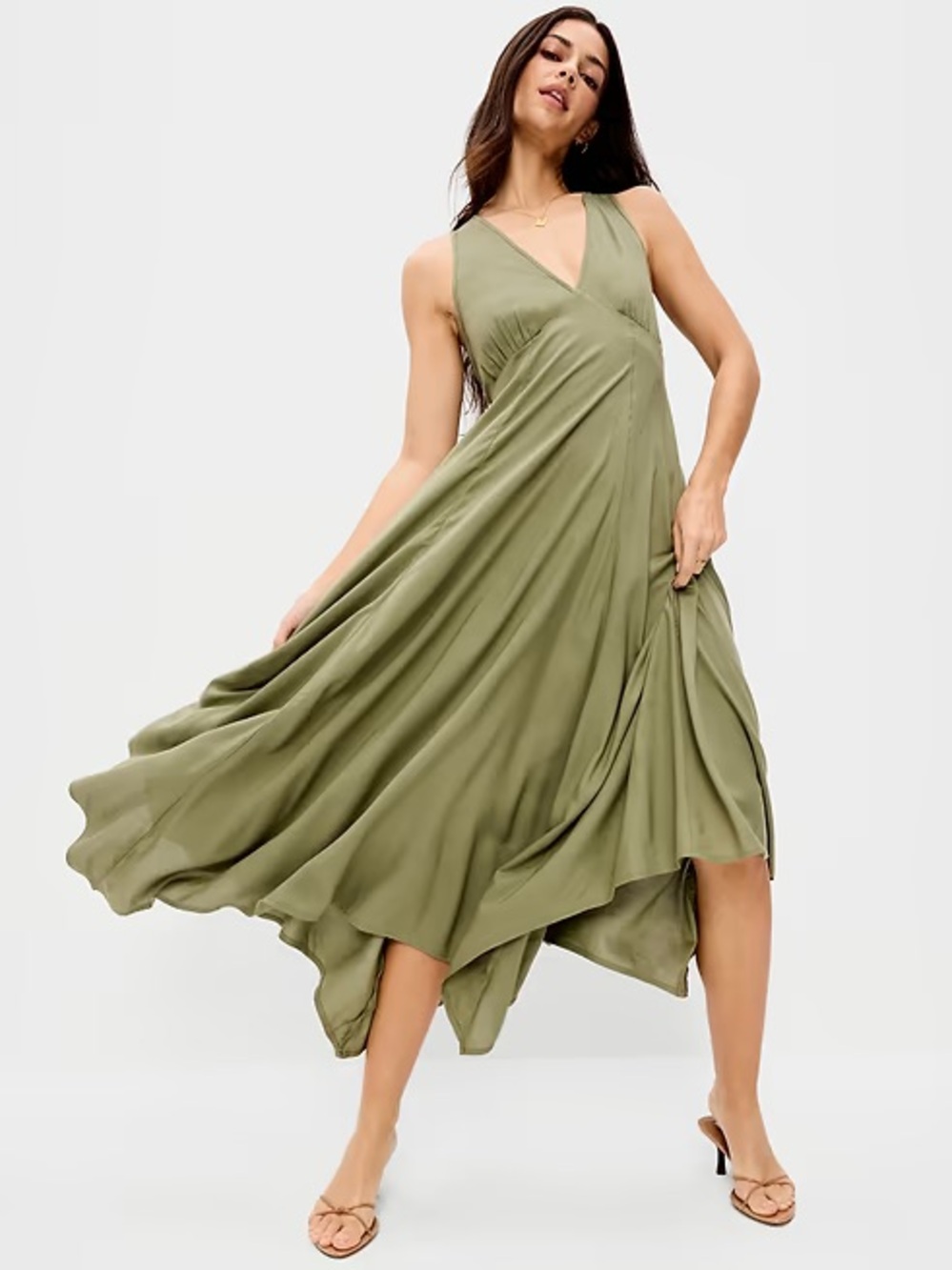 Old Navy Olive Green V Neck Handkerchief Hem Midi Dress Size XS